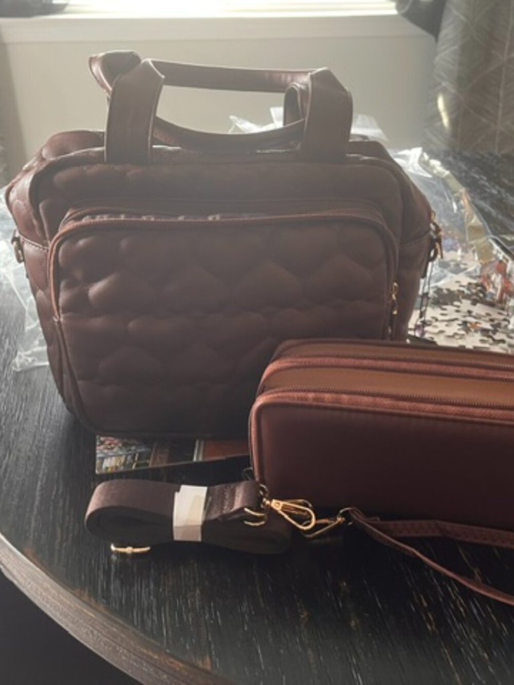 BEAUTIFUL SHOULDER BAG W/ PUFFY HEARTS  BROWN